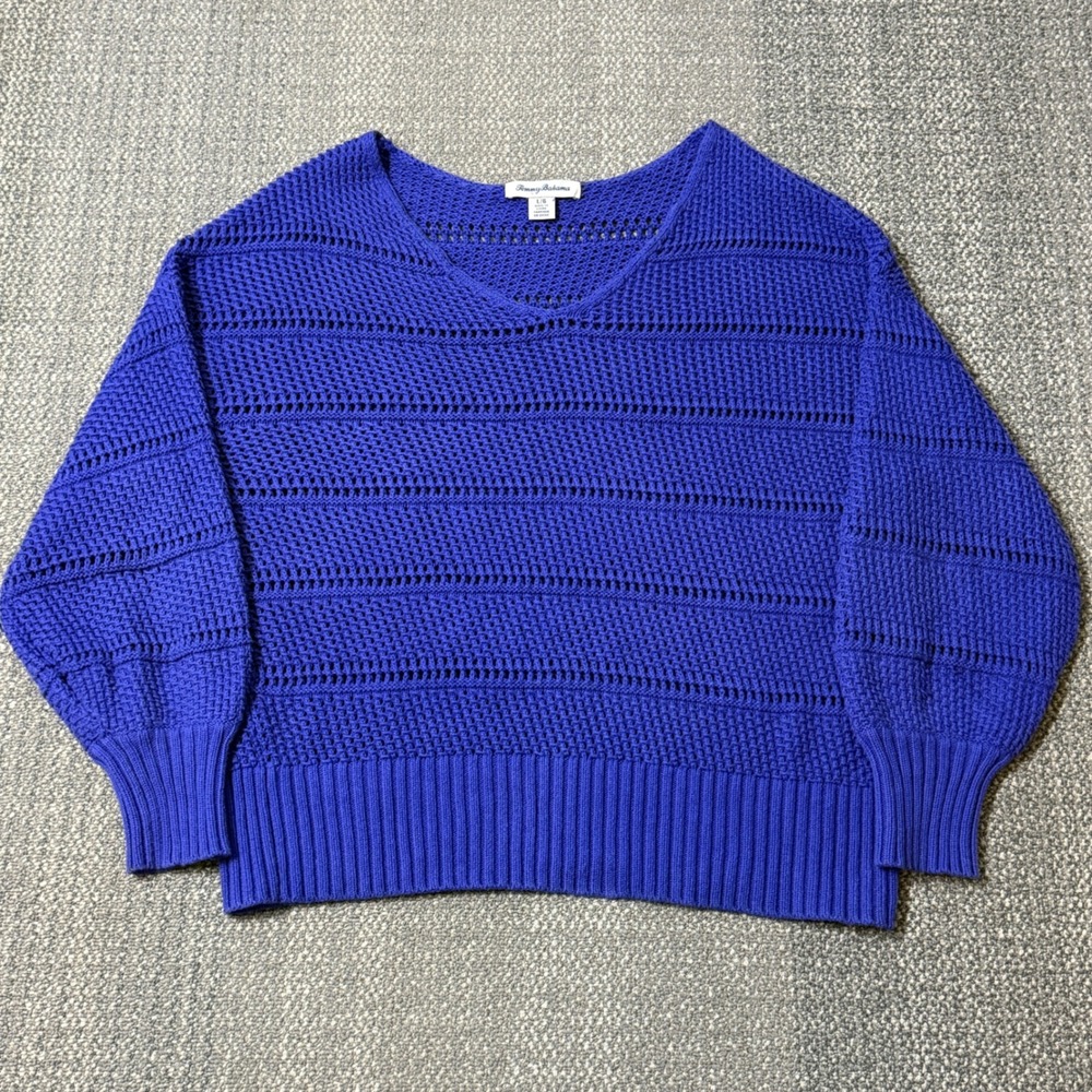 Tommy Bahama Women's Channel Isle Sweater Large V-Neck Crochet Open‎ Knit Blue